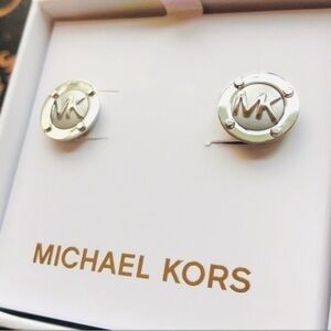 Michael Kors Silver-Tone MK Logo Stud Earrings NIB Round Disc NWT